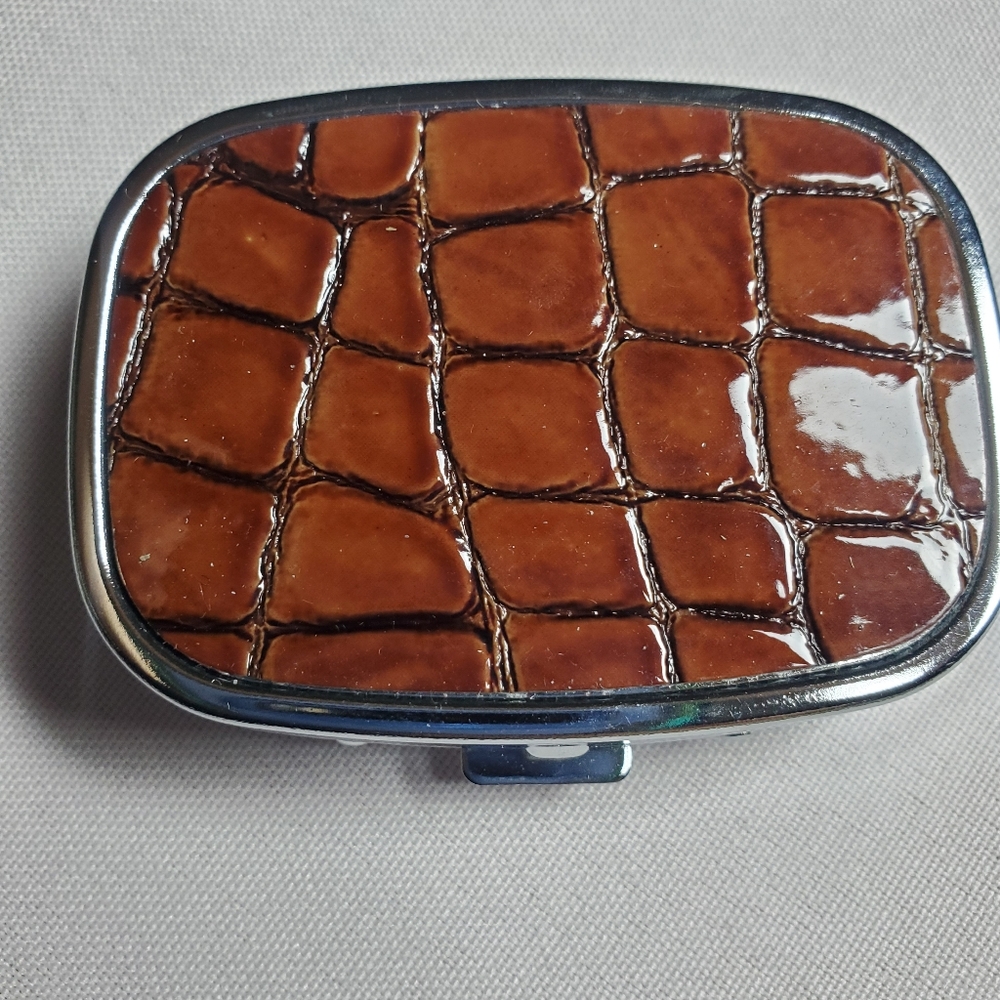 NWOT Small Pill Case 3 Compartment Metal With Brown Faux Crocodile